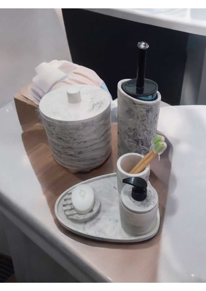 Mermer Desen Tam Beton Banyo Seti,tuvalet Fırçası,çöp Kovası,katı,sıvı Sabunluk,tepsi