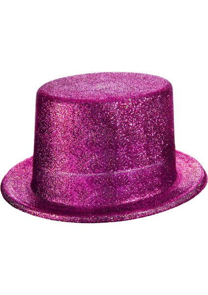 Zeroshop Fuşya Pembe Renk Parıltılı Simli Fötr Silindir Parti Şapkası