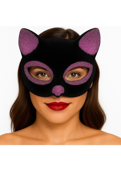 Zeroshop Siyah Renk Pembe Simli Süet Kaplama Kedi Maskesi 18X14 cm