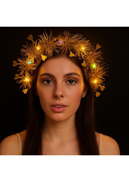 Zeroshop Kalp Püsküllü Gece Parıltısı 3 Modlu Led&amp;#39;li Işıklı Taç Altın Renk