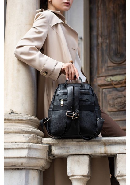 Asel Çanta,toka Detaylı, Siyah Suni Deri Bayan Sırt Çantası fiyatları