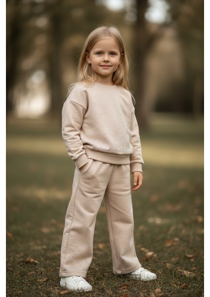 Taşlı Kışlık Kız Çocuk Ispanyol Paça Takım