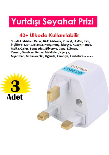 Hac Umre Dahil 40+Ülke Yurtdışı Seyahat Prizi Seyahat Adaptörü Fiş Topraklı G Tipi (3 Adet)