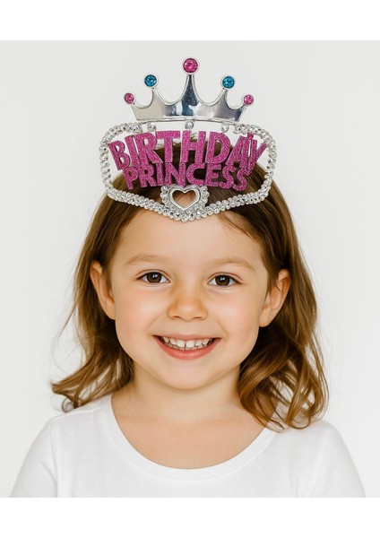 Zeroshop Gümüş Renk Taç Üzeri Pembe Birthday Prenses Yazılı Çocuk Parti Tacı 11X12 cm