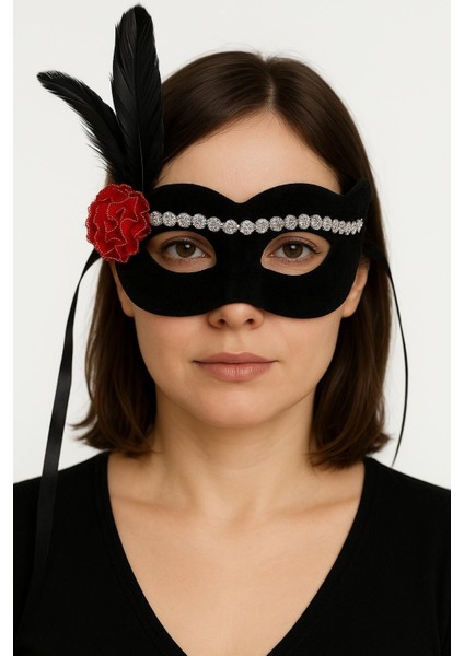 Zeroshop Siyah Renk Süet Kaplama Gümüş Dantelli Kırmızı Gül Tasarımlı Parti Maskesi 18X20 cm