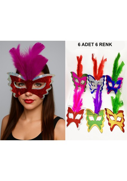Zeroshop Renkli Parti Maskesi 6&amp;#39;lı | Tüylü Karton Maske Seti (Lastikli)