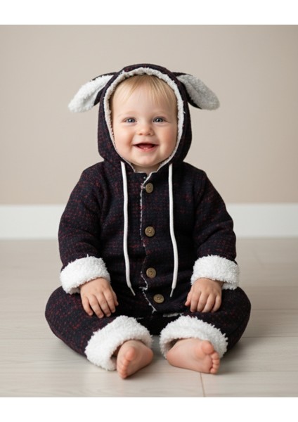Pamuklu Welsoft Bebek Tulumu Tavşan Kulaklı Kapüşonlu & Düğmeli Siyah - 9-24 Ay