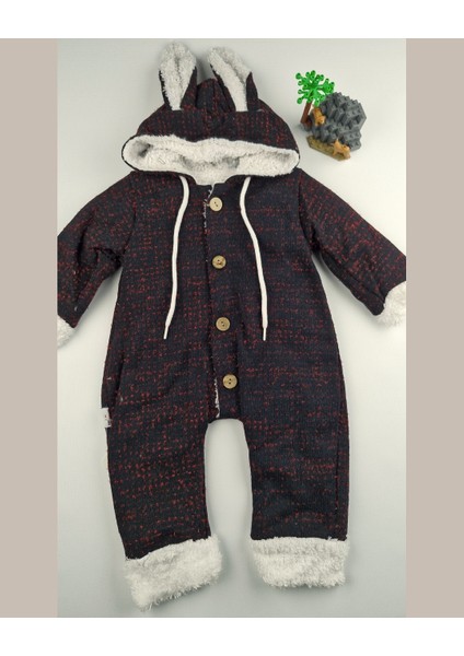 Pamuklu Welsoft Bebek Tulumu Tavşan Kulaklı Kapüşonlu & Düğmeli Siyah - 9-24 Ay