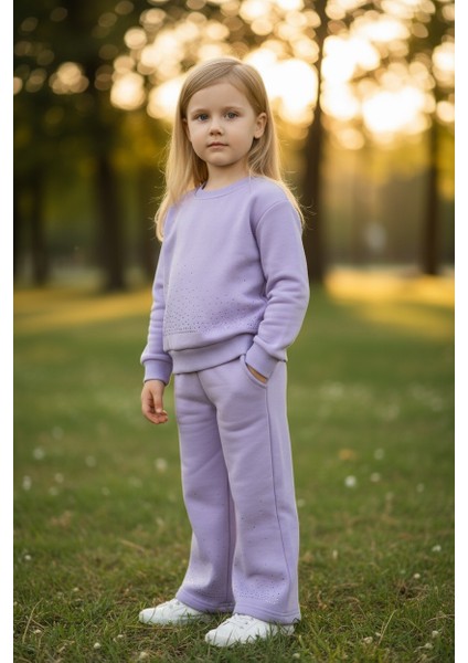 Taşlı Kışlık Kız Çocuk Ispanyol Paça Takım