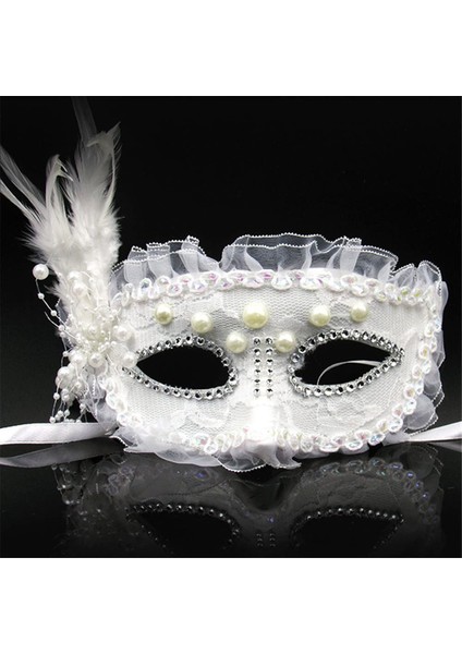 Zeroshop Beyaz Renk Yandan Tüylü Inci Işlemeli Taşlı Dantelli Parti Maskesi 17X12 cm
