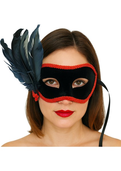 Zeroshop Siyah Renk Yandan Tüylü Siyah Süet Kaplama Parti Balo Maskesi 21X20 cm