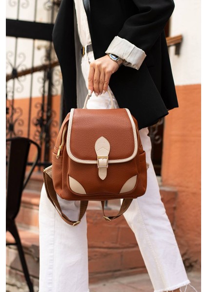 Asel Çanta,toka Detaylı, Taba açık vizon Suni Deri Bayan Sırt Çantası