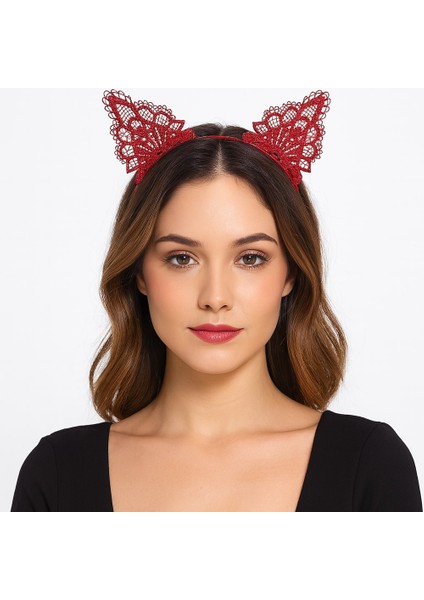 Zeroshop Dantelli Kırmızı Kedi Tacı - Vintage Tarz Dantel Kedi Kulak