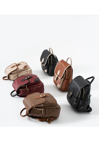 Asel Çanta,toka Detaylı, Siyah açık vizon Suni Deri Bayan Sırt Çantası modelleri