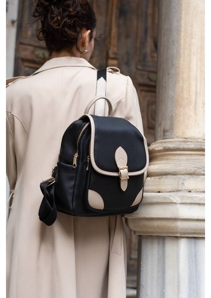 Asel Çanta,toka Detaylı, Siyah açık vizon Suni Deri Bayan Sırt Çantası