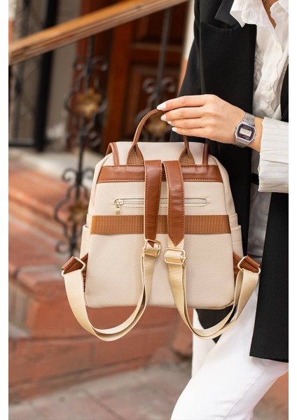 Asel Çanta,toka Detaylı, Krem taba Suni Deri Bayan Sırt Çantası fiyatları