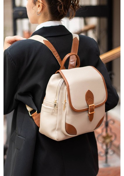 Asel Çanta,toka Detaylı, Krem taba Suni Deri Bayan Sırt Çantası