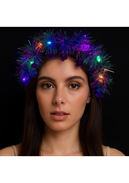 Zeroshop Kalp Püsküllü Gece Parıltısı 3 Modlu Led&amp;#39;li Işıklı Taç Mor Renk