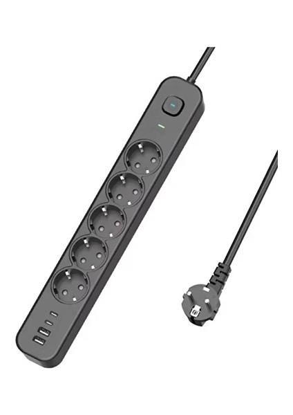 5 Prizli Akım Korumalı Uzatma Kablosu | 2xusb-A + 2xusb-C | 3680W - 2m Kablo