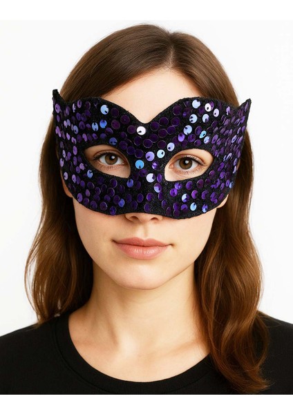Zeroshop Mor Renk Arkadan Lastikli Pul Payet Işlemeli Balo After Parti Maskesi