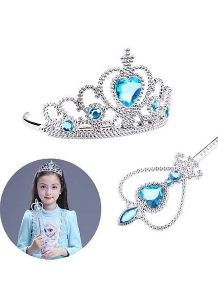Zeroshop Karlar Ülkesi Elsa Mavi Kalpli Taç ve Mavi Asa Seti Çocuk Boy