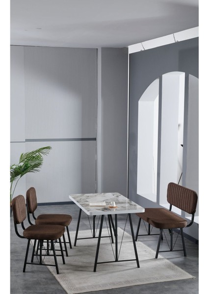 Elfin 70X110 Efes Yemek Masası, Yemek Masası Takımı, 2 Sandalye 1 Bench - Kahverengi