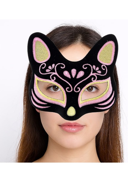 Zeroshop Siyah Renk Süet Kaplama Üzeri Sarı Pembe Simli Kedi Maskesi 17X14 cm