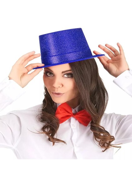 Zeroshop Mavi Renk Parıltılı Simli Fötr Silindir Parti Şapkası