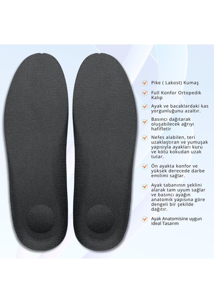 Ultra Anatomik, Topuk Hassasiyetli, Ağrı Azaltıcı, Ter Emici Pike Kumaşlı, Ayakkabı Tabanlığı ( 35-37 arası, Siyah)