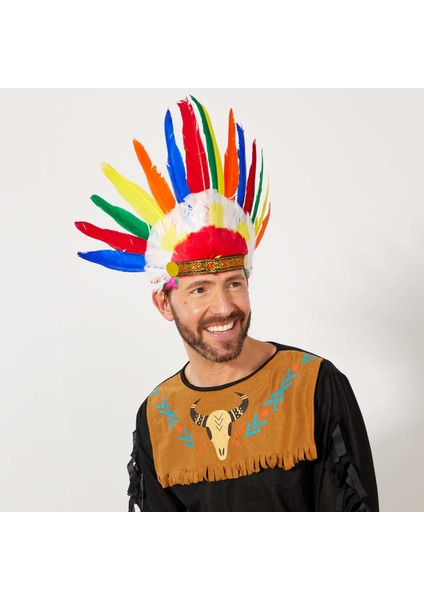 Zeroshop Rengarenk Gerçek Tüylü Lastik Aparatlı Kızılderili Başlığı