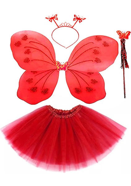 Zeroshop Kırmızı Kelebek Kostümü - Kırmızı Kelebek Kostüm Aksesuar Seti 4 Parça