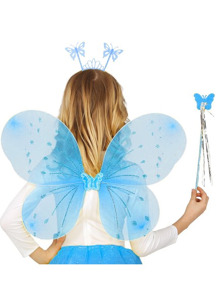 Zeroshop Mavi Kelebek Erkek-Kız Seti – 50 cm Kelebek Kanadı, Taç ve Asa