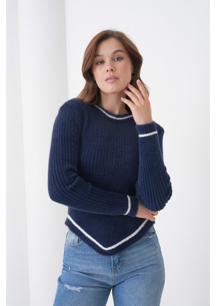 Kadın Asimetrik V Kesim Şerit Kenar Sakallı Uzun Kollu Bisiklet Yaka Spor Şık Kışlık Triko Kazak