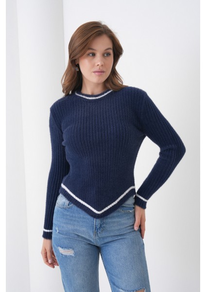 Kadın Asimetrik V Kesim Şerit Kenar Sakallı Uzun Kollu Bisiklet Yaka Spor Şık Kışlık Triko Kazak fırsatları