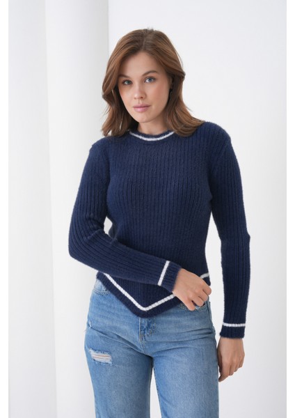 Kadın Asimetrik V Kesim Şerit Kenar Sakallı Uzun Kollu Bisiklet Yaka Spor Şık Kışlık Triko Kazak indirimleri