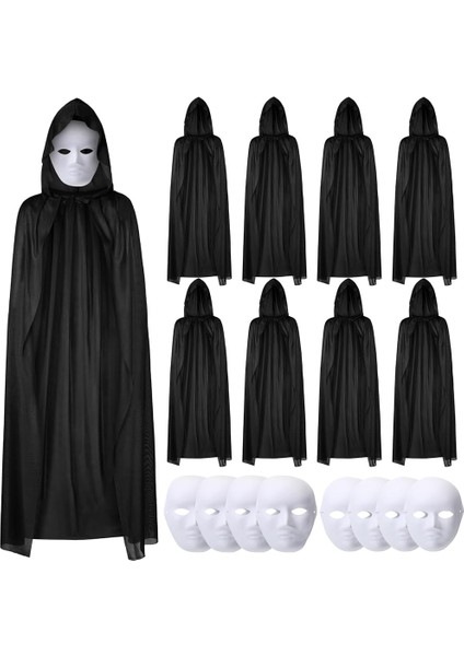 Zeroshop 120 cm Siyah Kapüşonlu Pelerin ve Boyanabilir Karton Maske 8’li Set