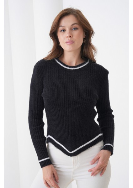 Kadın Asimetrik V Kesim Şerit Kenar Sakallı Uzun Kollu Bisiklet Yaka Spor Şık Kışlık Triko Kazak