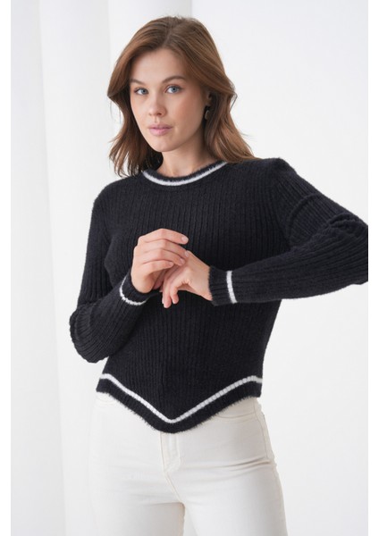 Kadın Asimetrik V Kesim Şerit Kenar Sakallı Uzun Kollu Bisiklet Yaka Spor Şık Kışlık Triko Kazak fiyatları