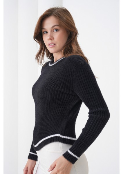 Kadın Asimetrik V Kesim Şerit Kenar Sakallı Uzun Kollu Bisiklet Yaka Spor Şık Kışlık Triko Kazak modelleri