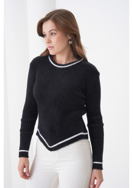 Kadın Asimetrik V Kesim Şerit Kenar Sakallı Uzun Kollu Bisiklet Yaka Spor Şık Kışlık Triko Kazak fırsatları