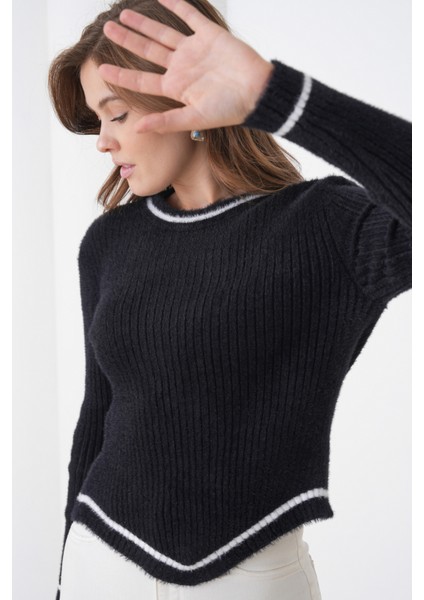 Kadın Asimetrik V Kesim Şerit Kenar Sakallı Uzun Kollu Bisiklet Yaka Spor Şık Kışlık Triko Kazak indirimleri