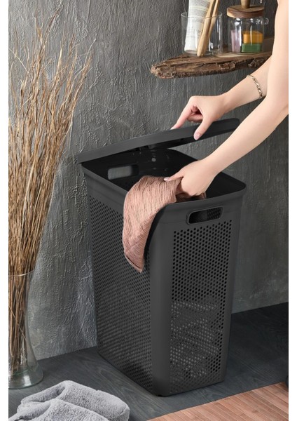 Slim Kapaklı Dekoratif Kirli Çamaşır Sepeti 45 Litre - Siyah