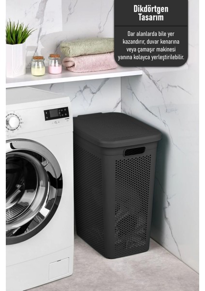 Slim Kapaklı Dekoratif Kirli Çamaşır Sepeti 45 Litre - Siyah fiyatları