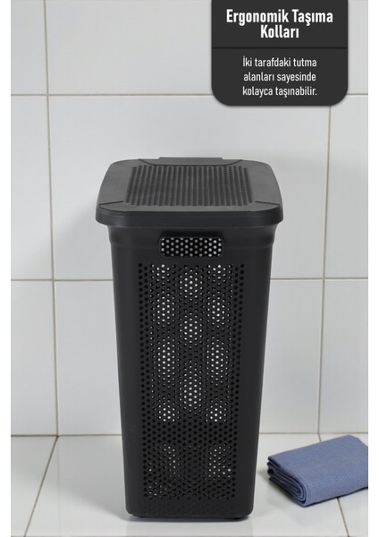 Slim Kapaklı Dekoratif Kirli Çamaşır Sepeti 45 Litre - Siyah fırsatları