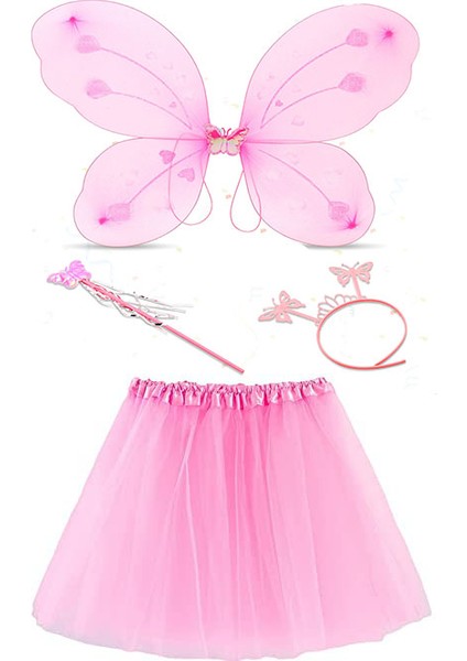Zeroshop Toz Pembe Kelebek Kostümü - Toz Pembe Kelebek Kostüm Aksesuar Seti 4 Parça