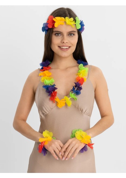 Zeroshop Rengarenk Hawaii Kolye Taç Bileklik Seti 4 Parça