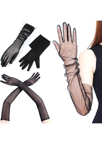 Zeroshop Uzun Boy Likralı Siyah Renk Yetişkin Mega Tül Eldiven 53 cm