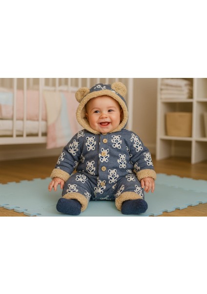 0-3 Ay Erkek Bebek Içi Kuzu Astarlı Dışı Jakarlı Desen Nakışlı Düğmeli Kapşonlu Tulum