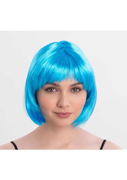 Zeroshop Turkuaz Açık Mavi Renk Düz Kesim Kısa Küt Parti Peruğu