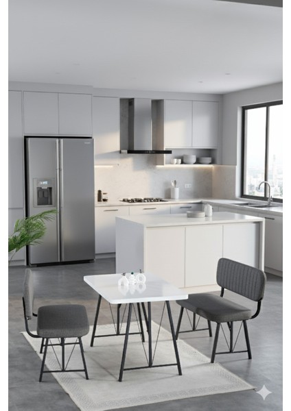 Elfin 70X110CM Sabit Beyaz, Yemek Masası, Yemek Masası Takımı, 2 Antrasit Benchli
